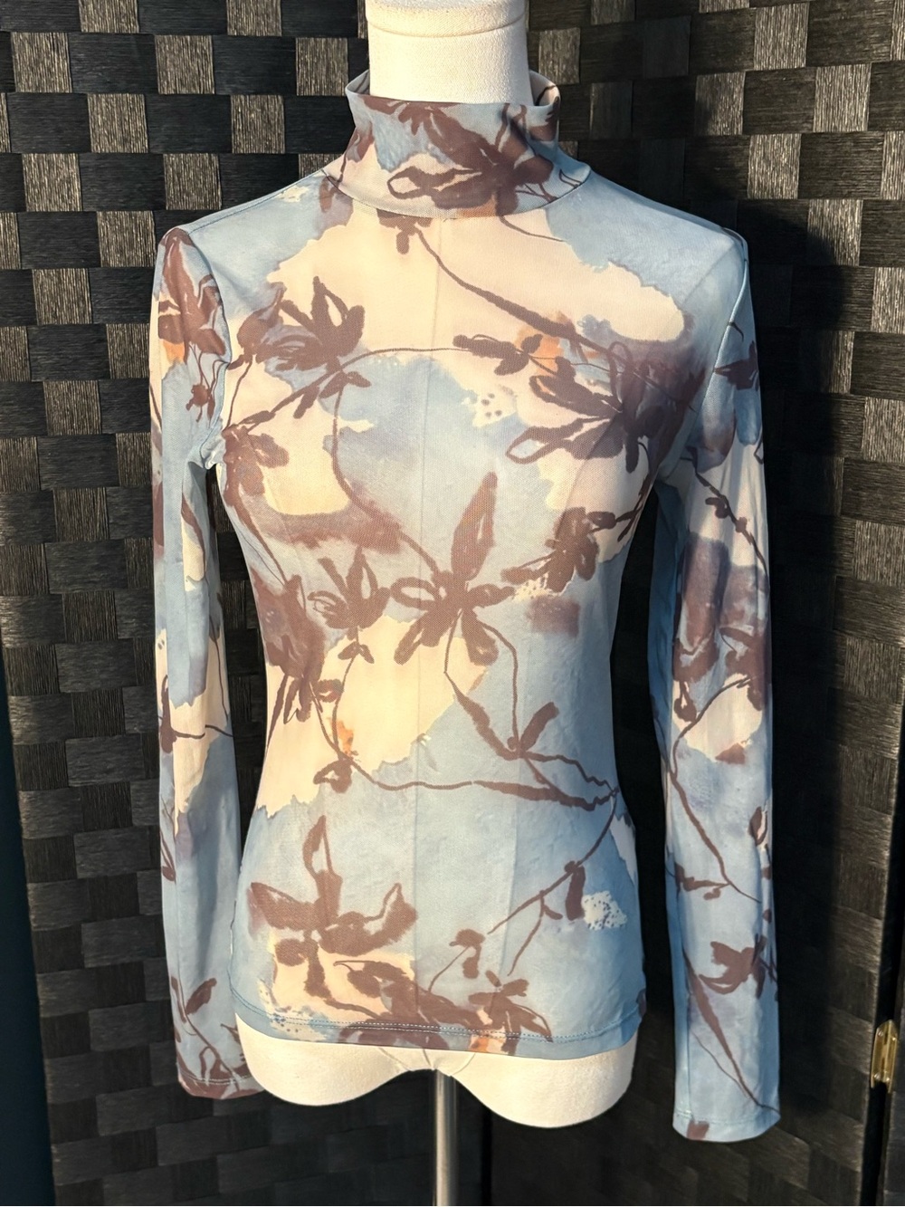 Anthropologie Maeve Sheer Floral Print Mesh Long Sleeve Top Blue Brown